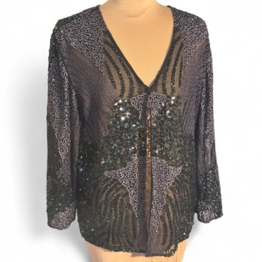 J Kara Beaded Mesh Evening Jacket Black Purple Formal XL